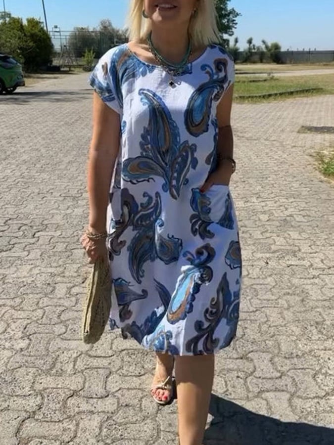 Women'S Round Neck Pocket Printed Cotton And Linen Dress