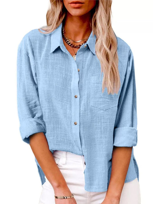 Women's Casual Solid Color Pocket Slit Cotton and Linen Long Sleeve Shirt