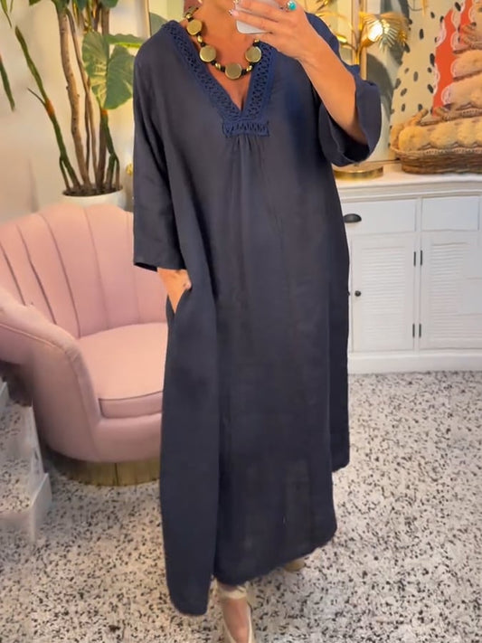 Women's Solid Color V-Neck Casual Loose Dress