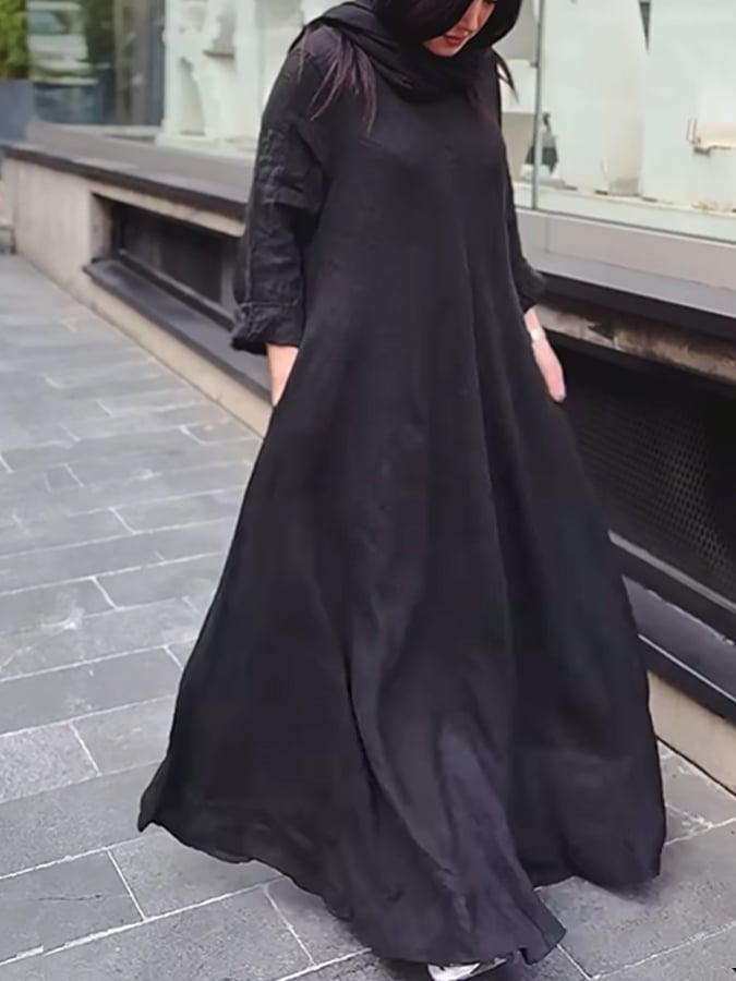 Women's Casual Solid Color Round Neck Long Sleeve Cotton and Linen Dress