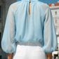 Sheer Pleated High-Neck Blouson Sleeve Blouse