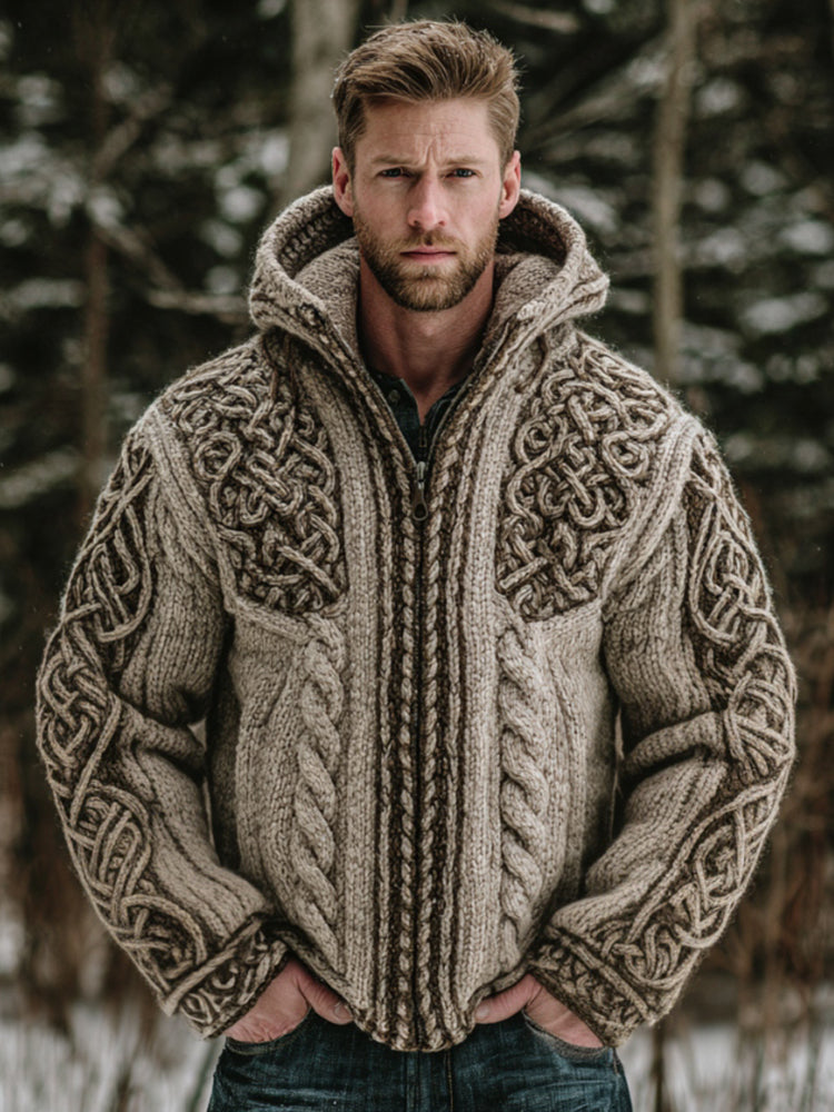 Men's Viking Celtic Knot Chunky Knit Hooded Sweater Cardigan