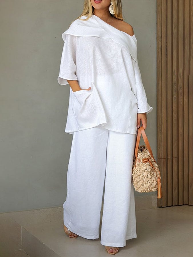 Women's Casual Solid Color  Long Sleeve Tops and Pants Cotton Two-piece Set