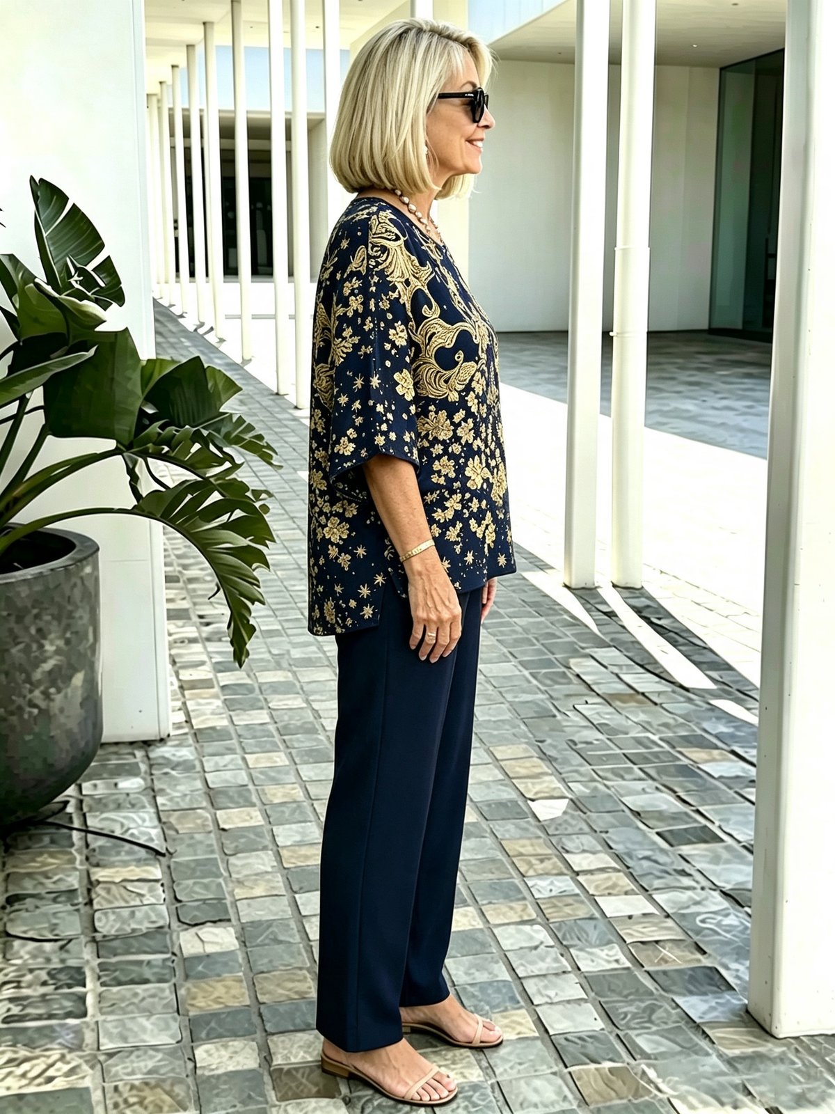 2Pcs Gold Foil Print Outfit Set Crew Neck Flutter Sleeve Layered Blouse with Straight Leg Pants Mother of the Bride Formal Evening Suits