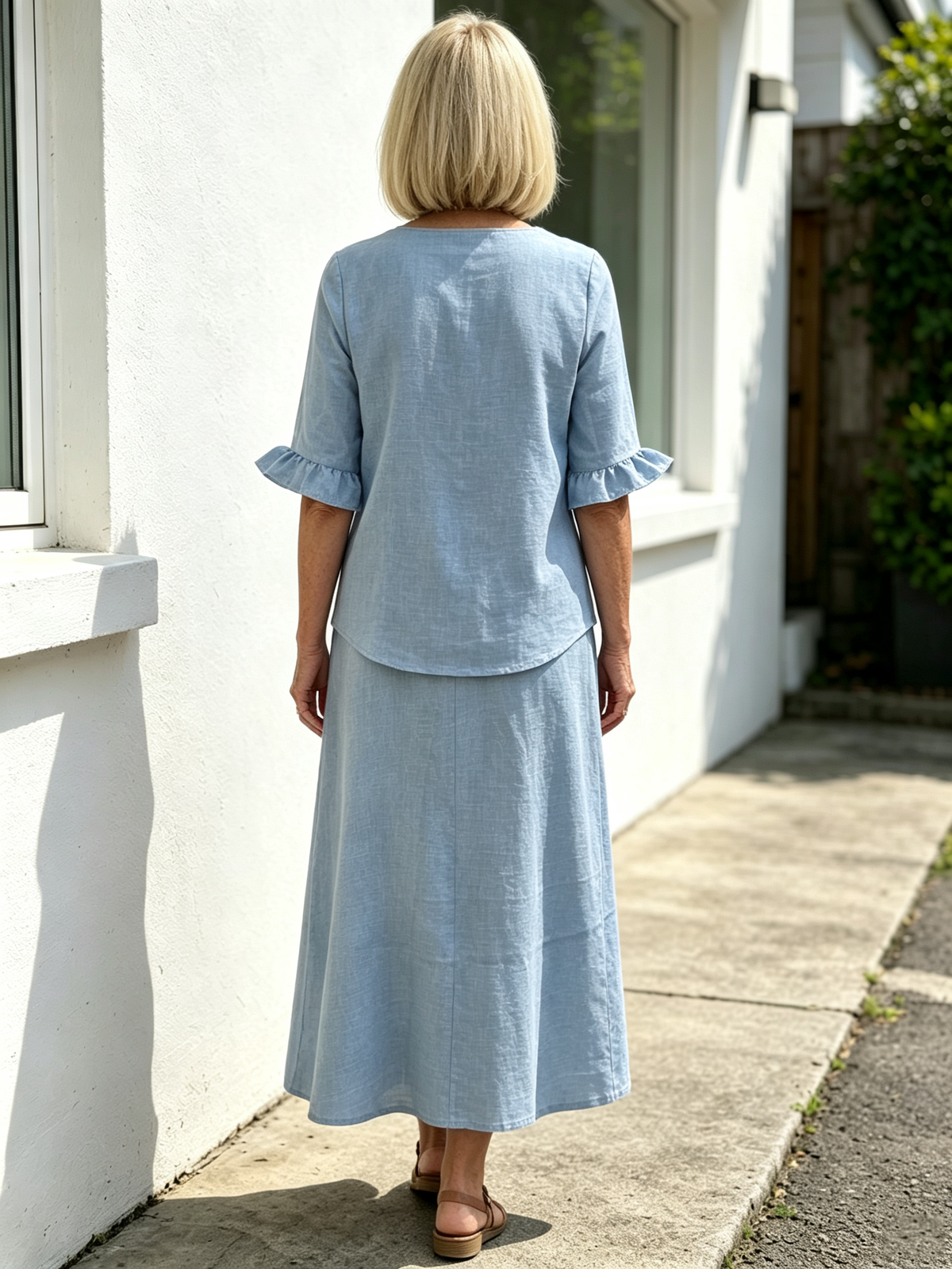 2Pcs Casual Matching Top and Skirt Set, V Neck Button Placket Blouse, Ruffle Edge Seven-quarter Sleeve, Solid Lightweight Linen-like Fabric, Loose A-line Midi Skirt, Relaxed Fit Co-Ord Outfit for Daily Wear and Vacation