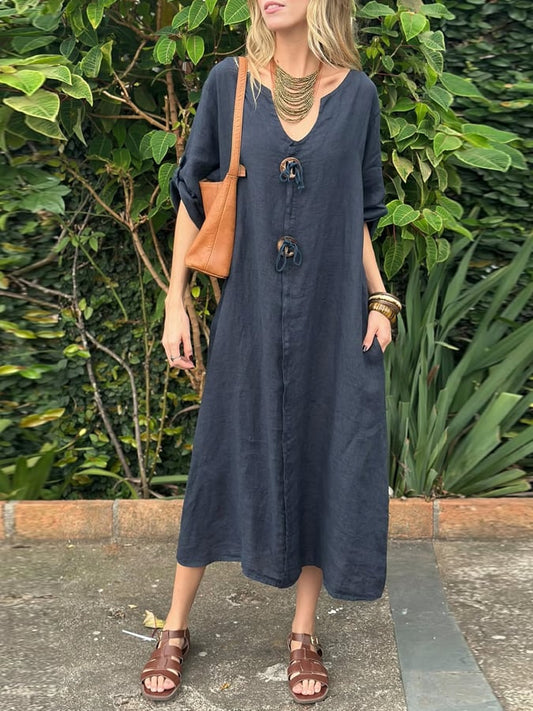 Women's Casual Loose Button Decoration Slant Pocket Cotton and Linen Dress