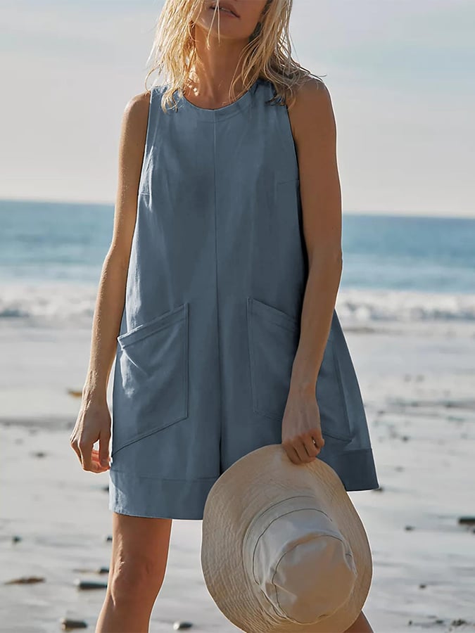 Women's Casual Round Neck Loose Sleeveless Pocket Short Jumpsuit