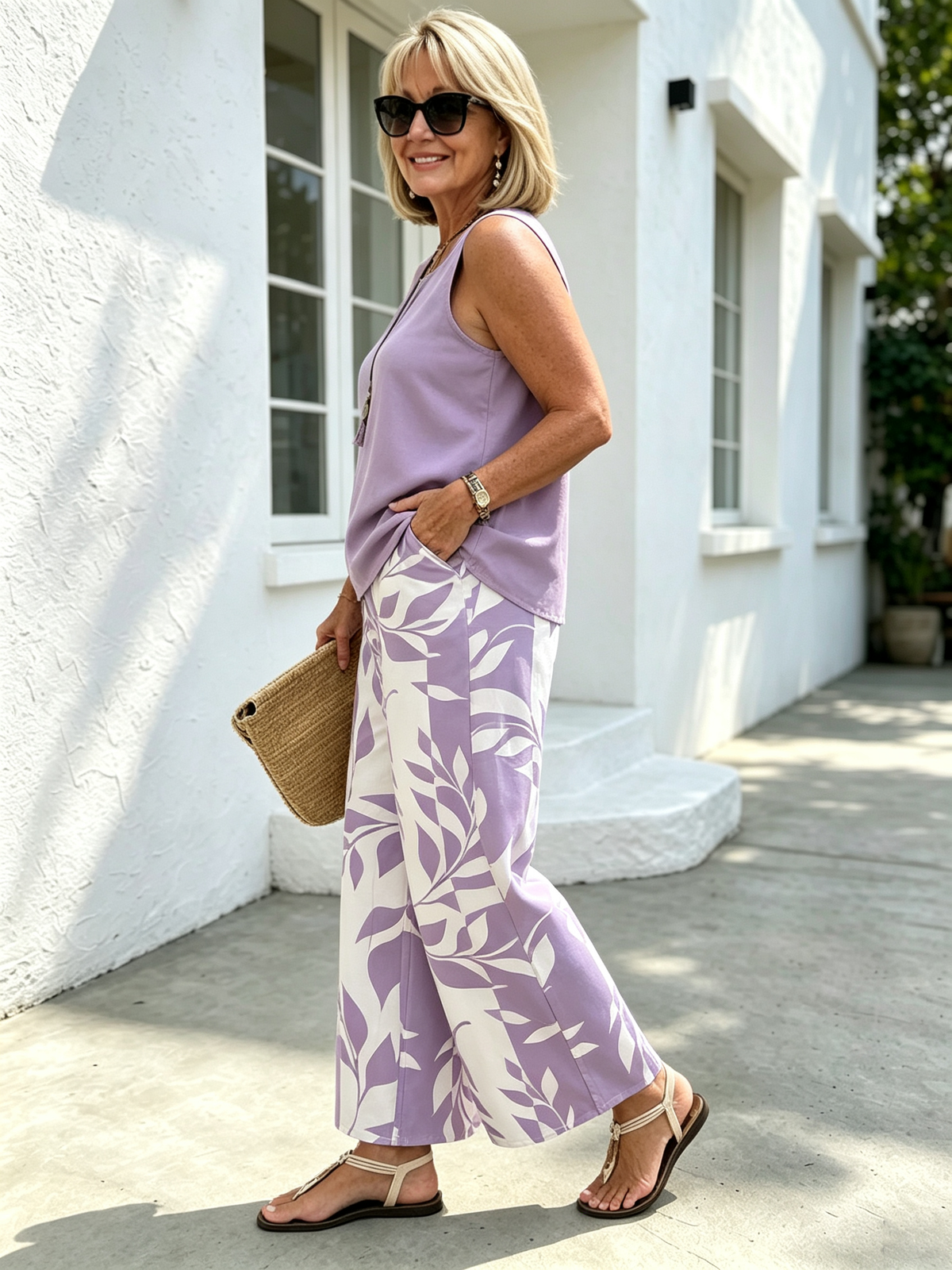 2Pcs Vacation Casual Square Neck Pullover Tank Plus Trousers Digital Printing