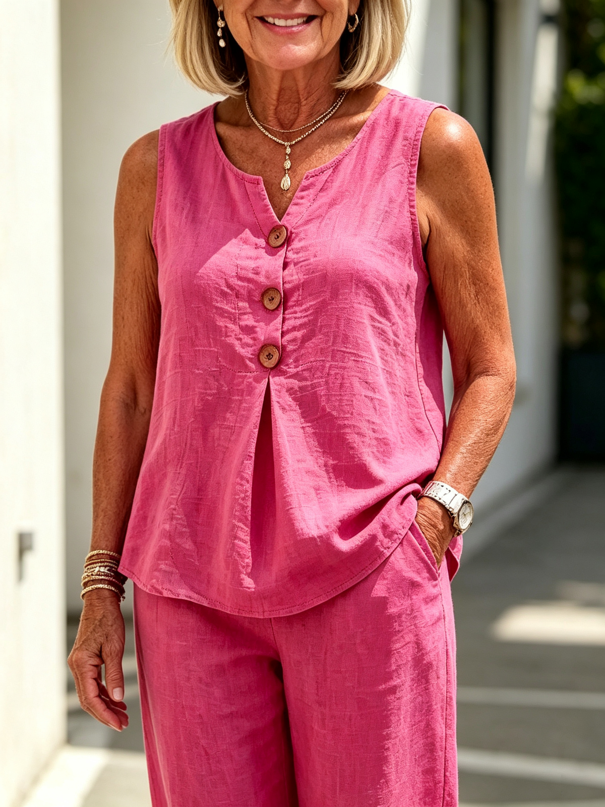 2Pcs Cotton and Linen V-neck Button Sleeveless Vest Top Set Two-piece Set