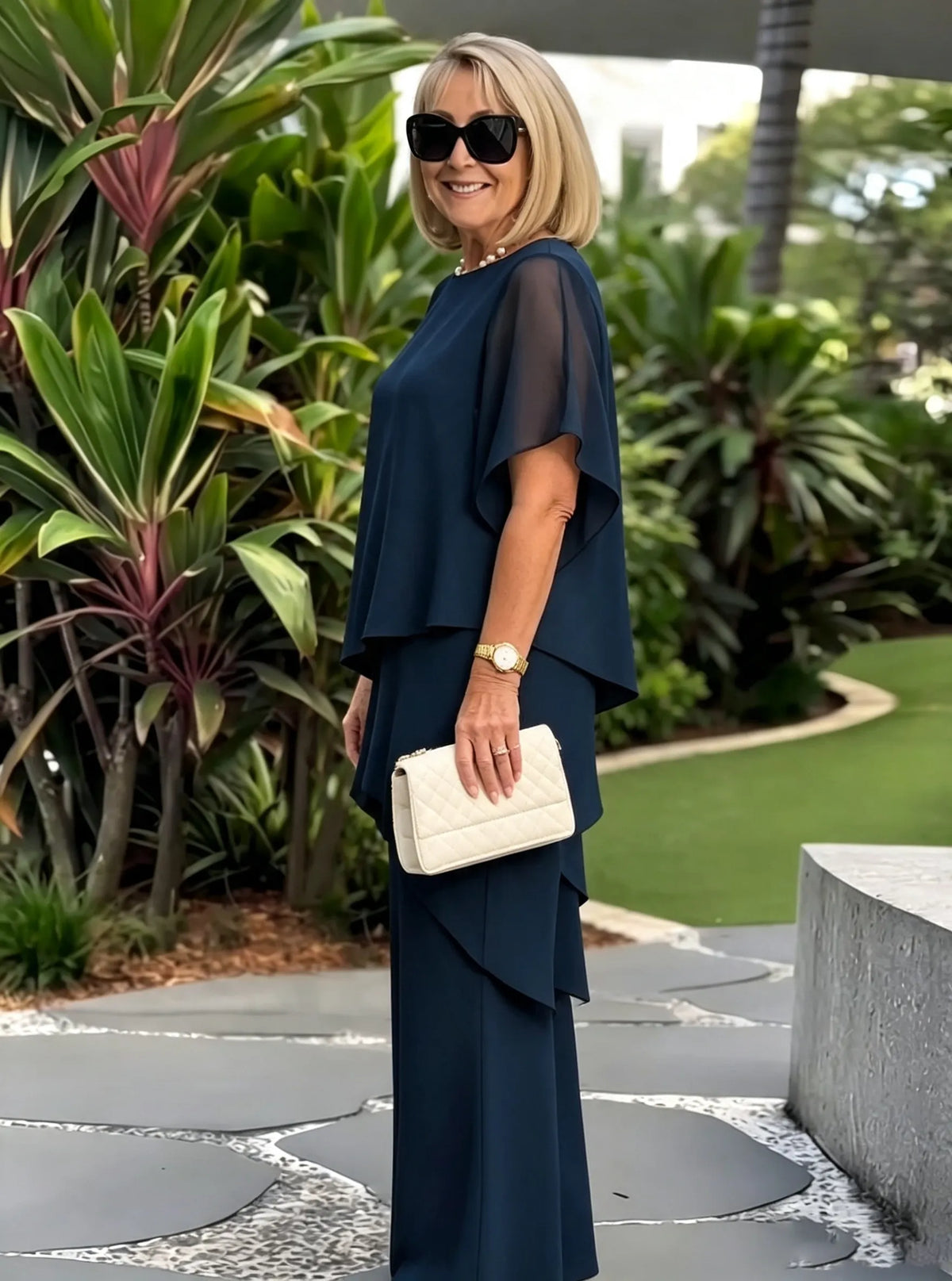 Women's 2 Piece Chiffon Pants Set, Round Neck Sheer Flutter Sleeve Asymmetric Double Layer Tunic Top & Wide Leg Trousers, Elegant Loose Matching Outfit for Wedding Guest Formal Occasions