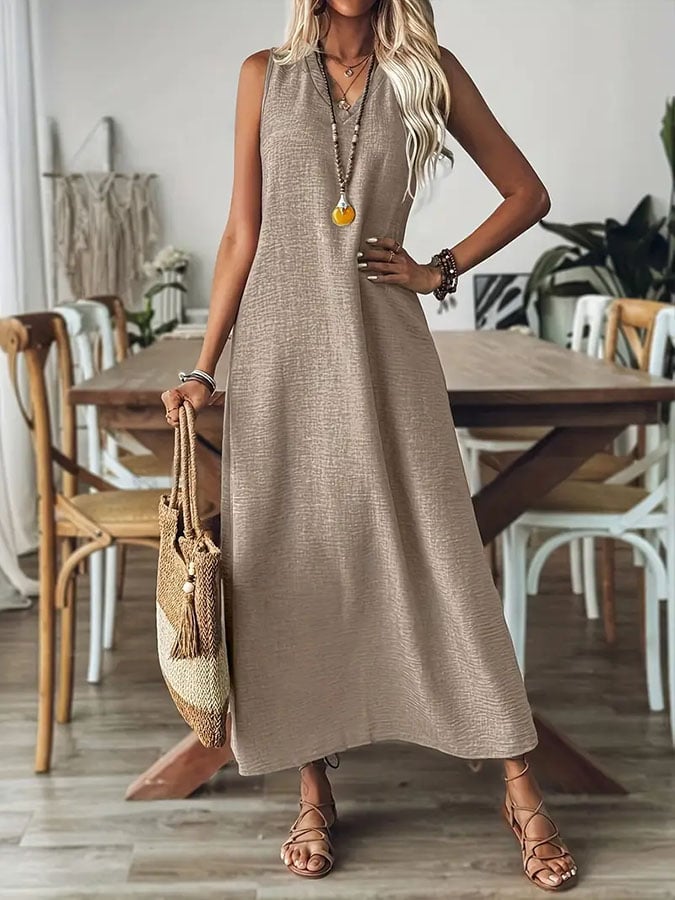 Women'S Casual Solid Color V-Neck Sleeveless Cotton and Linen Dress