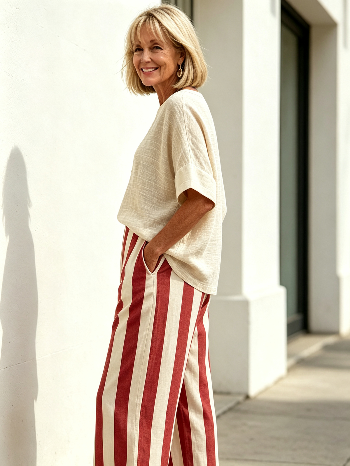 2Pcs Casual Cotton Linen Outfits Short Sleeve Loose Top with Striped Wide Leg Pants Set Summer Beach Vacation Holiday Streetwear Matching Sets