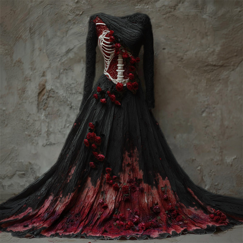 Halloween Bloody Red Roses Skeleton Lace Linen Maxi Dress