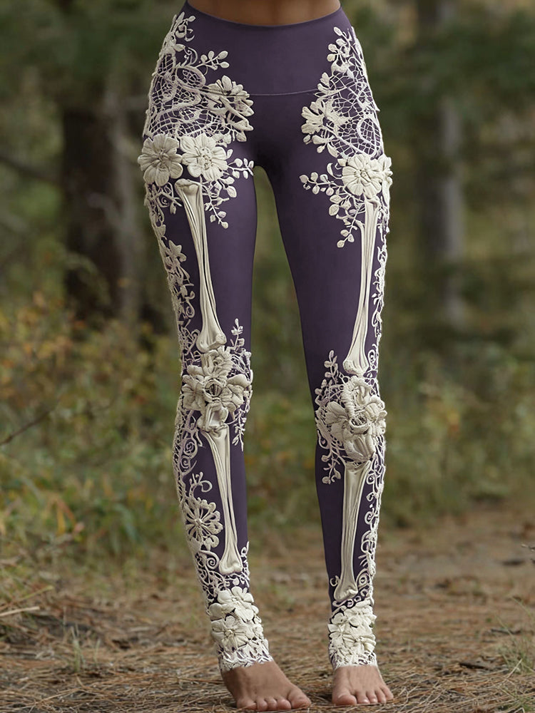 Women's Vintage Halloween Skeleton & Rose Lace Art Leggings