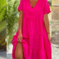 Ladies Solid Color V-Neck Wide Swing Casual Dress