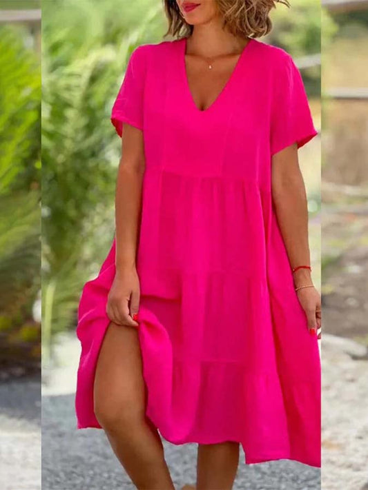 Ladies Solid Color V-Neck Wide Swing Casual Dress