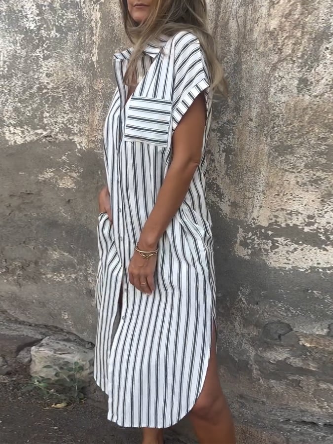 Women's Casual Striped Short Sleeve Shirt Dress