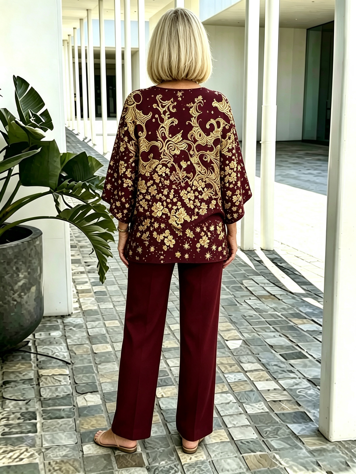 2Pcs Gold Foil Print Outfit Set Crew Neck Flutter Sleeve Layered Blouse with Straight Leg Pants Mother of the Bride Formal Evening Suits