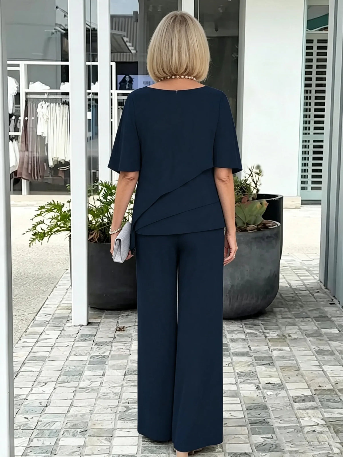 Women's 2 Piece Pants Outfit Set, Asymmetric Neck Flutter Sleeve Beaded Chiffon Top & Wide Leg Trousers, Elegant Loose Matching Two Piece Set for Wedding Guest Daily