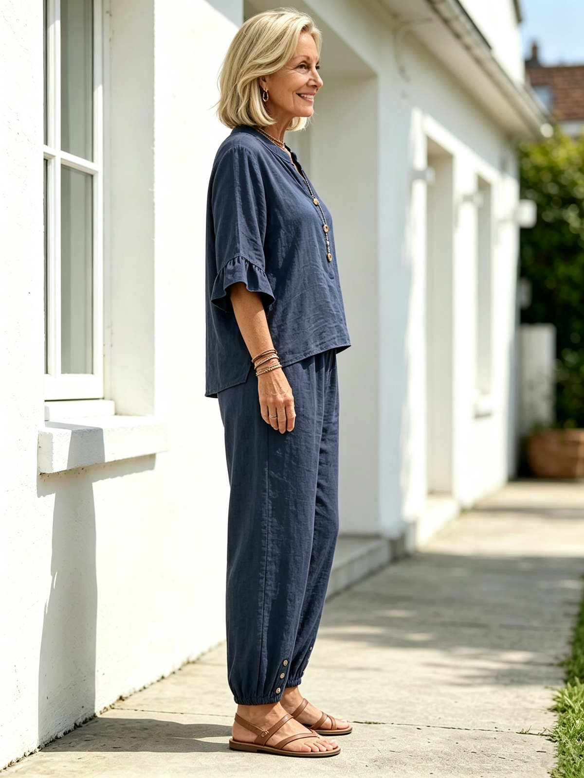 2Pcs Casual Matching Outfit Set, Mandarin Collar Half Button Top, Ruffle Edge Seven-quarter Sleeve Blouse, Solid Lightweight Textured Fabric, Elastic Waist Nine-quarter Jogger Pants with Button Hem Detail, Relaxed Loose Fit Co-Ord Suit for Daily L