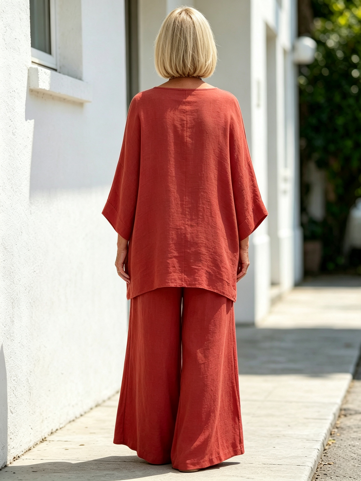 2Pcs Elegant Women Solid Linen‐Blend Two‐Piece Set, Oversized Batwing Sleeve Uneven Hem Tunic Blouse, Breathable Flowy Wide Leg Floor‐Length Pants, Loose Comfortable Casual Co‐ord Suit for Beach Holiday Daily Street Wear