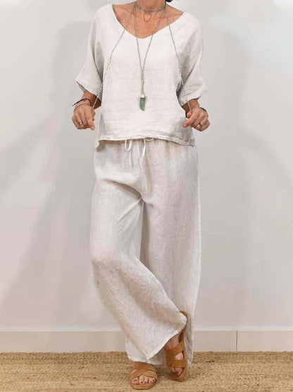 Women'S Casual V-Neck Pullover With Half Sleeves + Long Pants Two-Piece Suit
