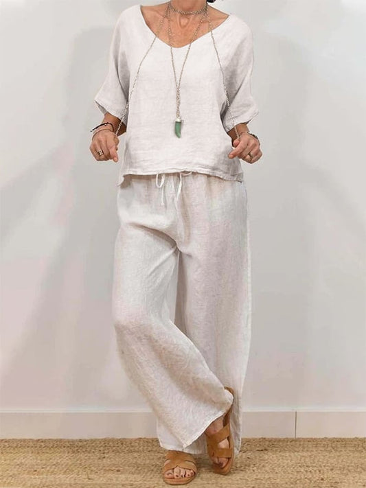 Women'S Casual V-Neck Pullover With Half Sleeves + Long Pants Two-Piece Suit