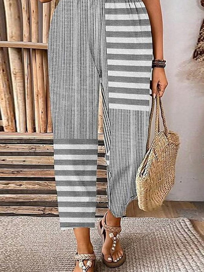 Women'S Retro Casual Irregular Striped Cotton And Linen Pants