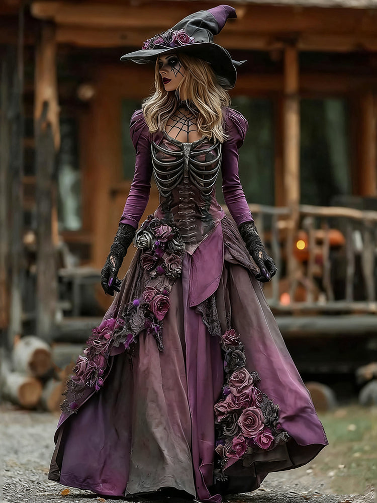 Vintage Witch Skull Rib Cage Rose Pattern Maxi Dress