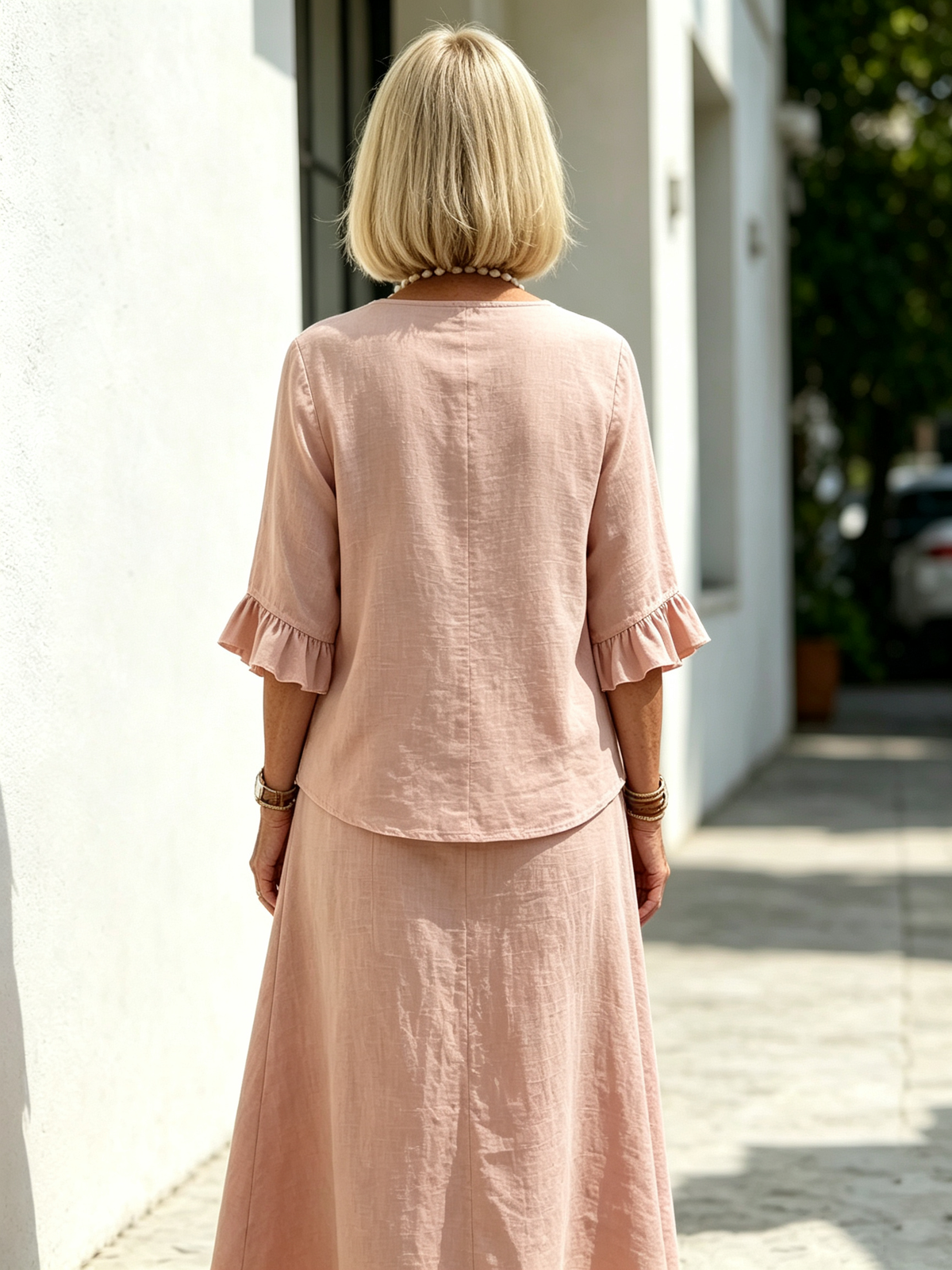 2Pcs Casual Matching Top and Skirt Set, V Neck Button Placket Blouse, Ruffle Edge Seven-quarter Sleeve, Solid Lightweight Linen-like Fabric, Loose A-line Midi Skirt, Relaxed Fit Co-Ord Outfit for Daily Wear and Vacation
