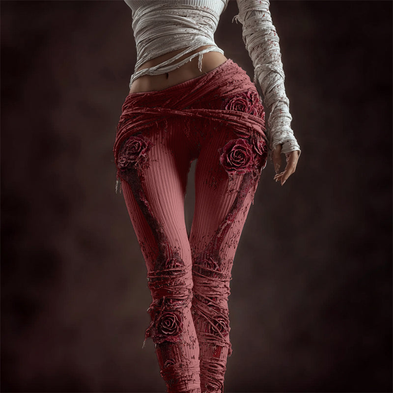 Classy Skeleton Anatomy Bloody Roses Bandages Knit Leggings