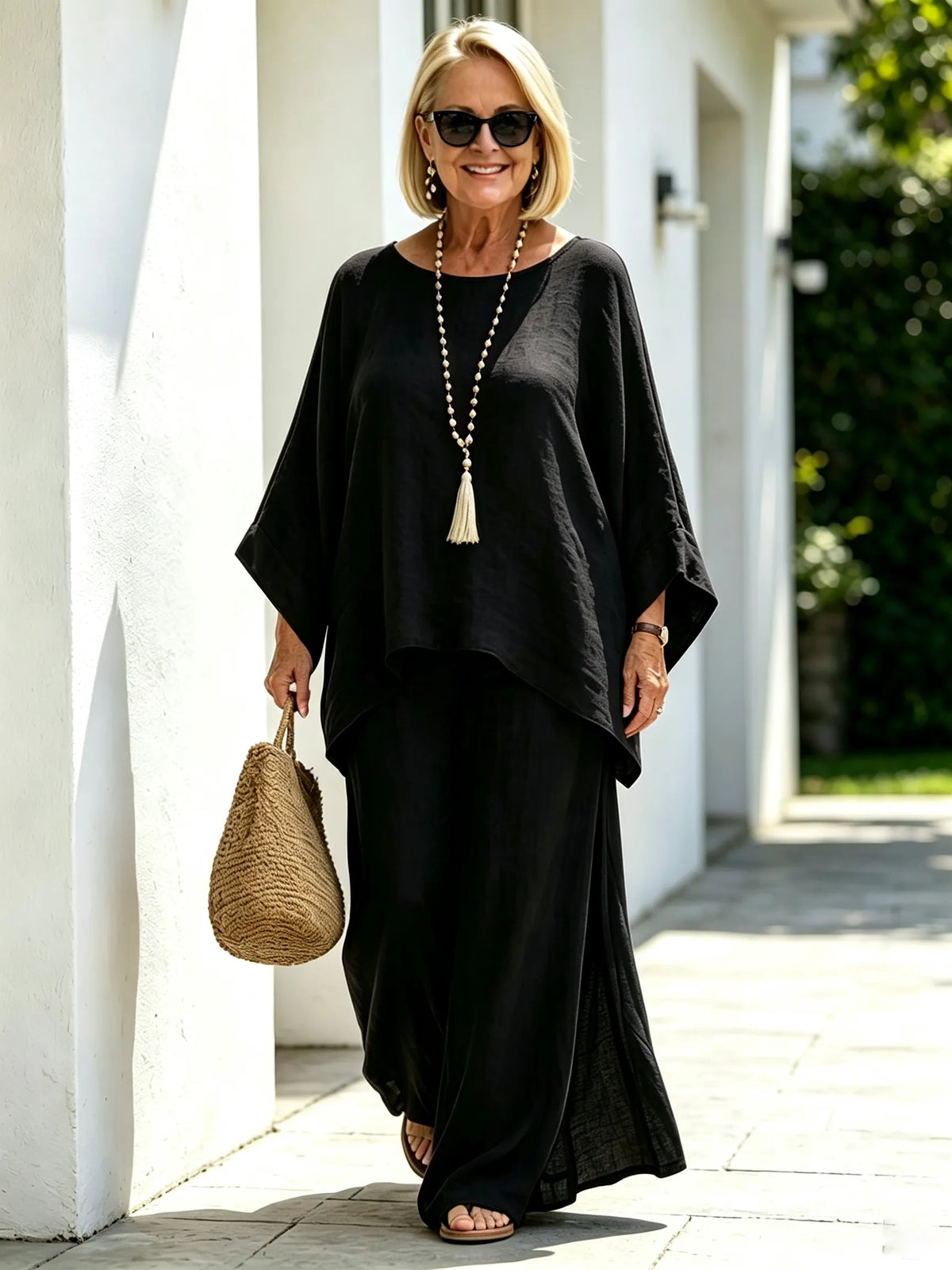 2Pcs Elegant Women Solid Linen‐Blend Two‐Piece Set, Oversized Batwing Sleeve Uneven Hem Tunic Blouse, Breathable Flowy Wide Leg Floor‐Length Pants, Loose Comfortable Casual Co‐ord Suit for Beach Holiday Daily Street Wear