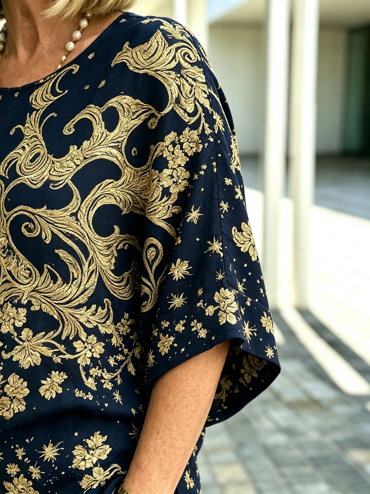 2Pcs Gold Foil Print Outfit Set Crew Neck Flutter Sleeve Layered Blouse with Straight Leg Pants Mother of the Bride Formal Evening Suits