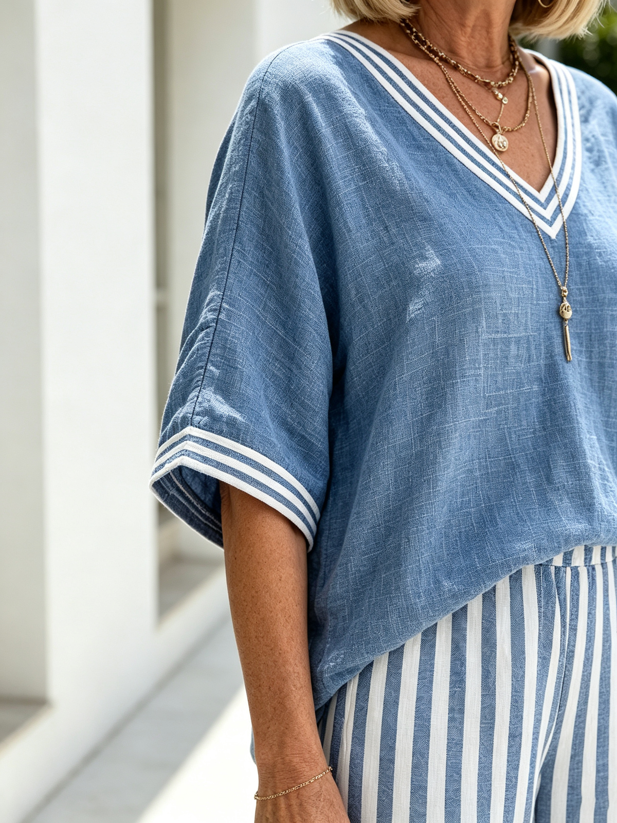 Women Cotton Linen Vacation Two-Piece Outfit Set, Contrast White Striped V-Neck Loose Short Sleeve Top With Striped Cuffs, Matching Green Vertical Striped High Waist Wide Leg Trousers, Lightweight Breathable Textured Fabric Relaxed Fit Casual Holiday Comm