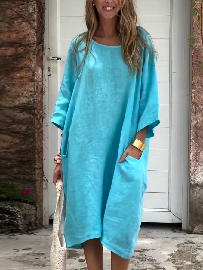 Women'S Casual Solid Color Loose Cotton And Linen Dress