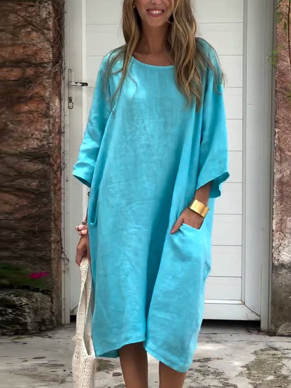 Women'S Casual Solid Color Loose Cotton And Linen Dress