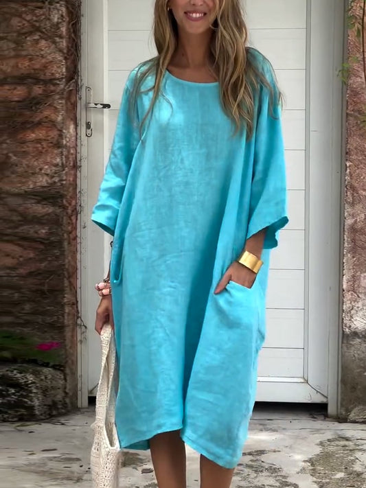 Women'S Casual Solid Color Loose Cotton And Linen Dress