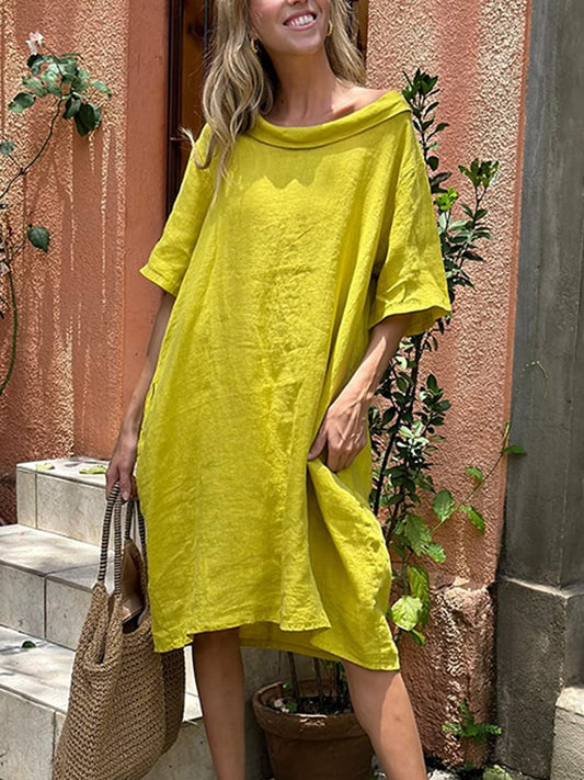 Women'S Casual Solid Color Short Sleeve Cotton And Linen Dress