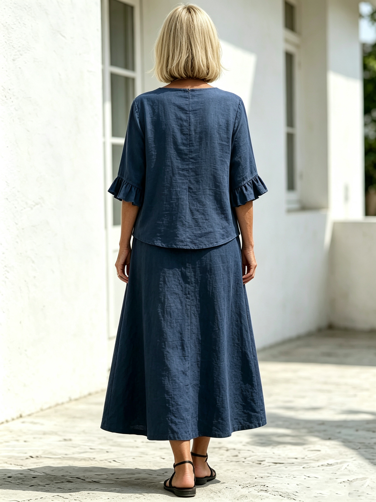 2Pcs Casual Matching Top and Skirt Set, V Neck Button Placket Blouse, Ruffle Edge Seven-quarter Sleeve, Solid Lightweight Linen-like Fabric, Loose A-line Midi Skirt, Relaxed Fit Co-Ord Outfit for Daily Wear and Vacation