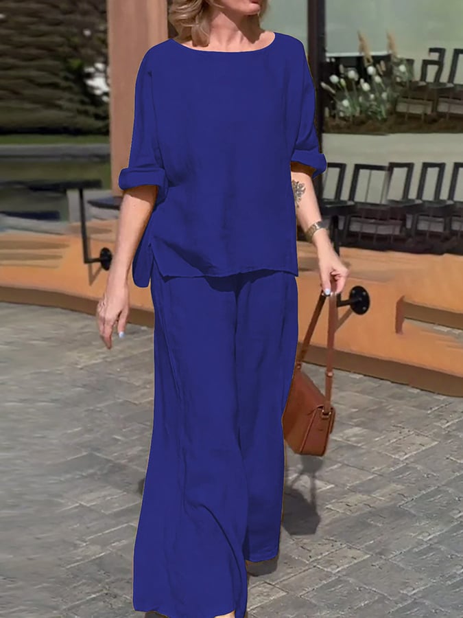 Women'S Casual Loose Solid Color Slit Top Pants Set
