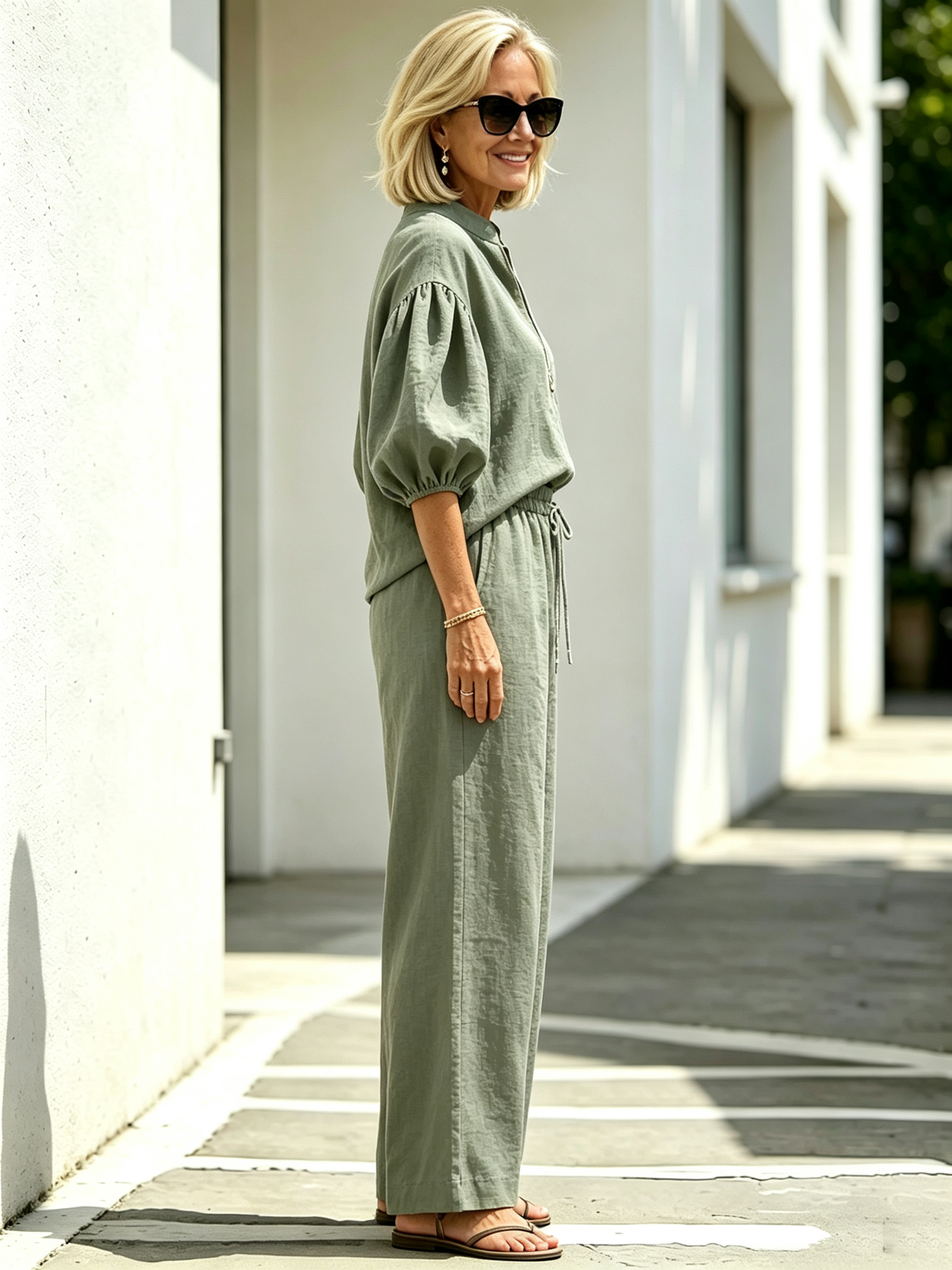 2Pcs Casual Matching Outfit Set, Stand Collar Half Zipper Top, Lantern Puff Sleeve Blouse, Solid Lightweight Textured Fabric, Elastic Drawstring Waist Wide Leg Long Pants, Relaxed Loose Fit Co-Ord Suit for Daily Leisure and Vacation