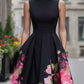 Elegant Sleeveless Midi Dress With Floral Printed Skirt
