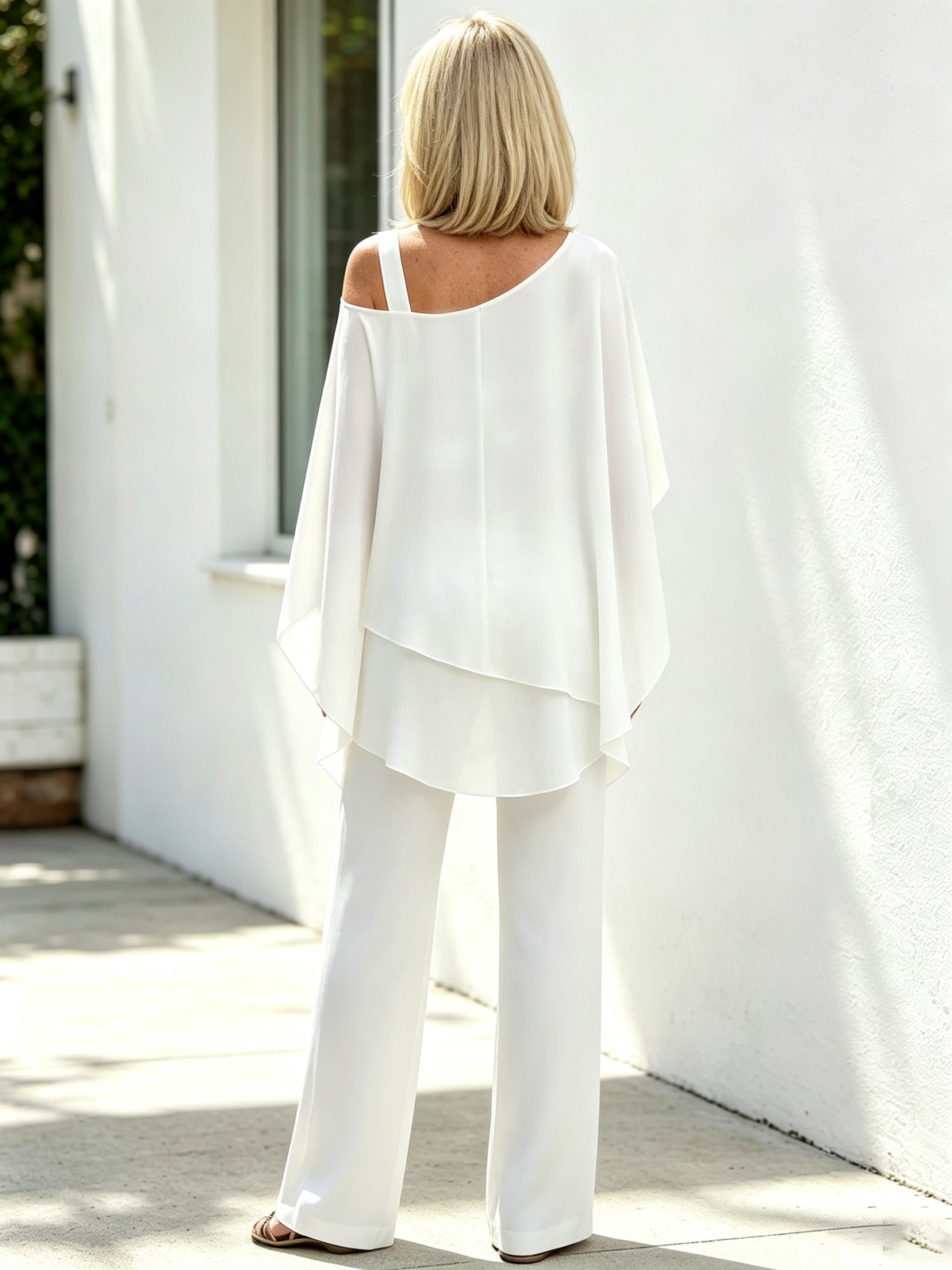 2 Piece Outfit Set, Cold Shoulder Asymmetrical Chiffon Batwing Sleeve Top, Irregular Layered Hem, High Waist Wide Leg Long Trousers, Lightweight Sheer Fabric, Elegant Flowy Pant Suit for Wedding, Banquet and Formal Events