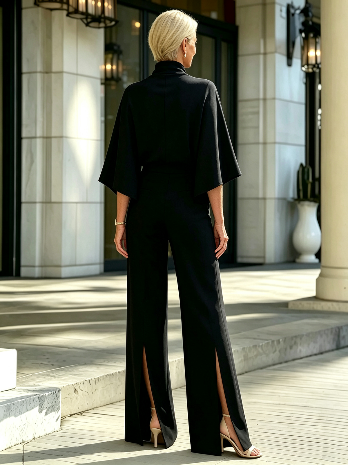 Solid Color 2 Piece Outfit Set, Semi High Mock Neck Cape Sleeve Blouse, High Waist Split Wide Leg Pants, Light Textured Woven Fabric, Relaxed Elegant Silhouette, Flowy Cape Top and Front Slit Trousers for Formal and Semi-formal Occasions