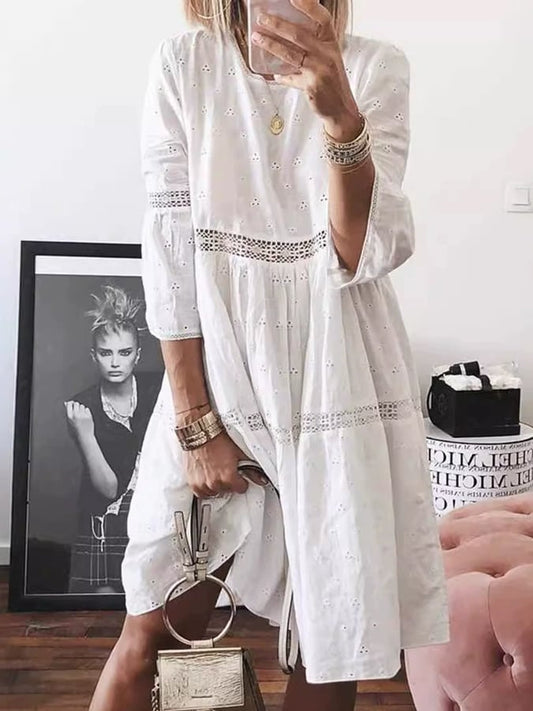 Women'S Lace Patchwork Hollow Embroidery Three-Quarter Sleeve Dress
