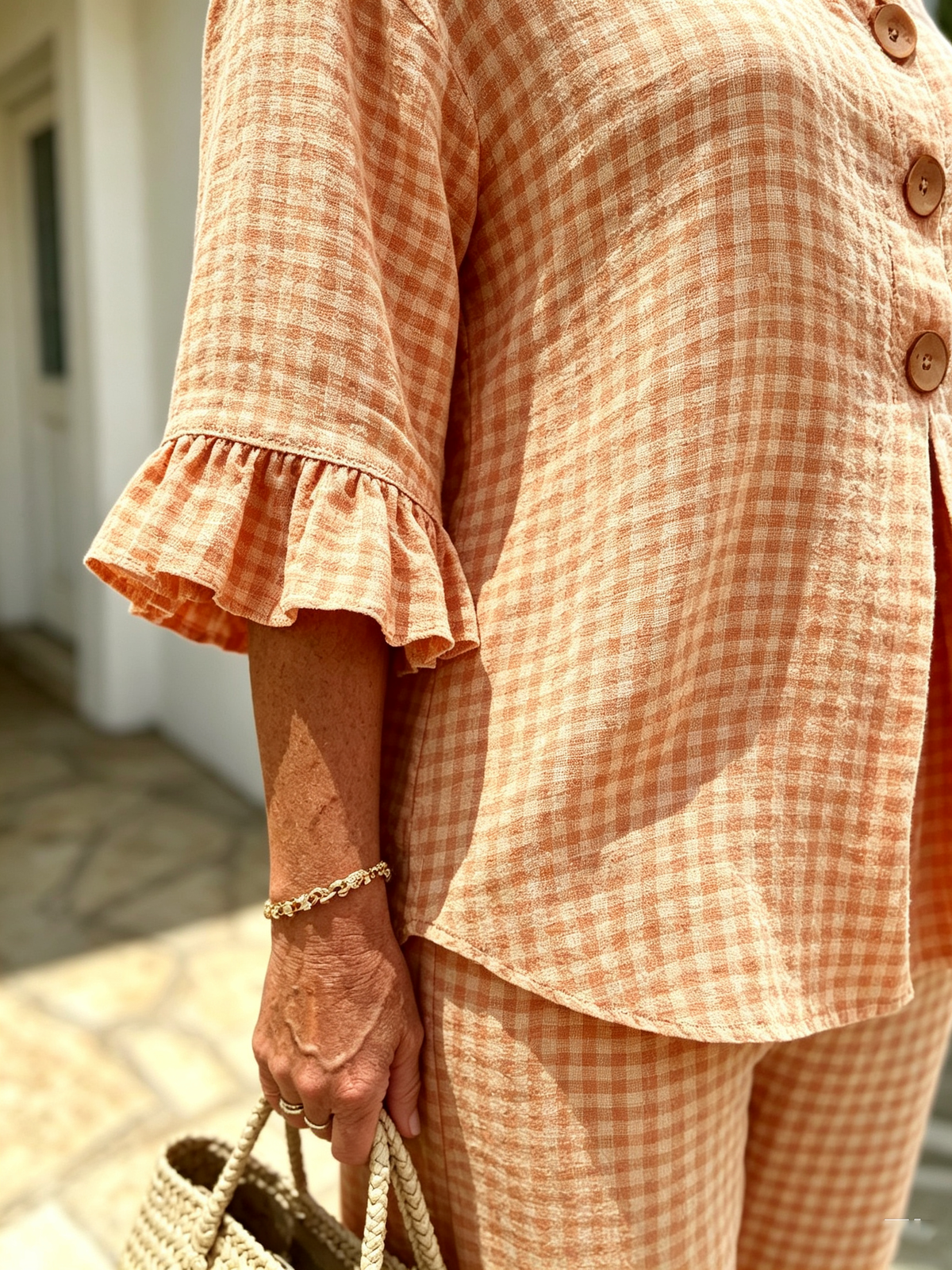 Women Elegant Linen Blend Plaid Two-Piece Casual Pant Set, Woven Textured Gingham Check Pattern Matching Outfit, Notch V-Neck Three Wooden Button Front Top With Ruffle Flared 7/4 Length Bell Flounce Sleeves, Loose High Waist Wide Leg Full Length Trousers
