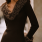 Elegant Chocolate Faux Fur Collar And Cuffs Knit Mini Dress