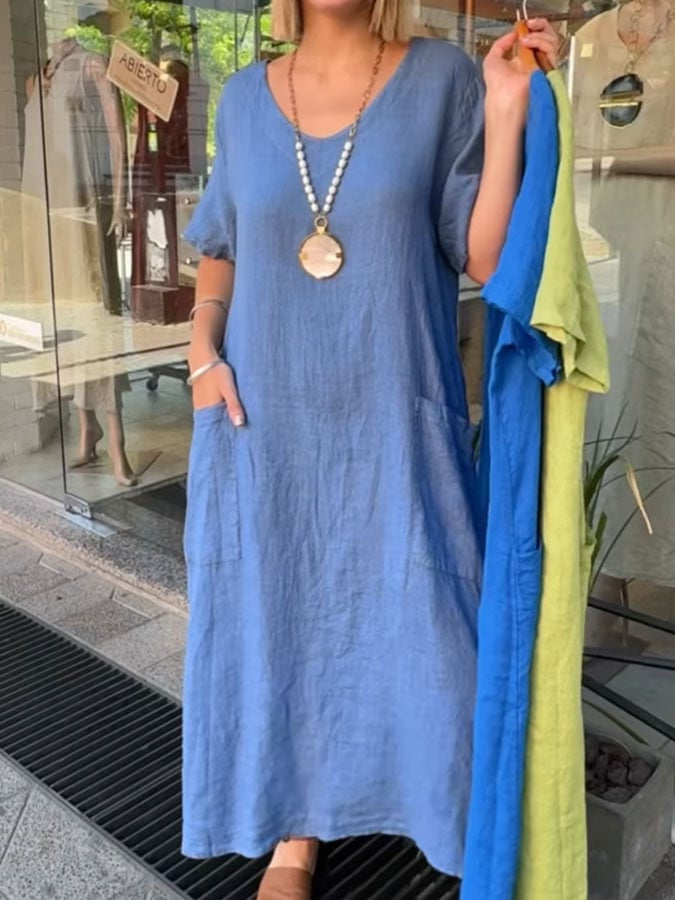 Women'S Casual Solid Color Round Neck Short Sleeve Cotton And Linen Dress