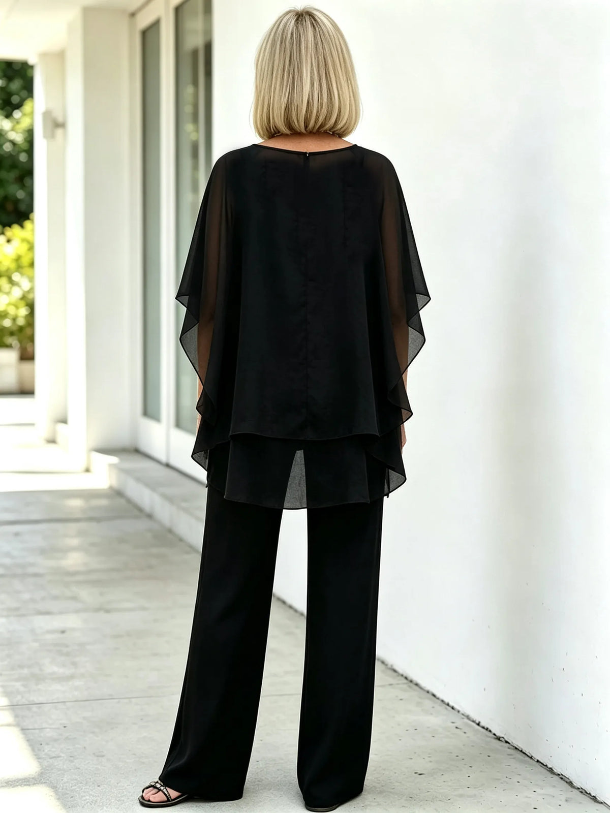 2 Piece Pant Set, Round Neck Keyhole Cutout Chiffon Cape Top, Irregular Layered Hem, Loose Flowy Batwing Sleeves, High Waist Straight Wide Leg Trousers, Lightweight Sheer Fabric, Elegant Outfit Set for Wedding Guest and Formal Occasions