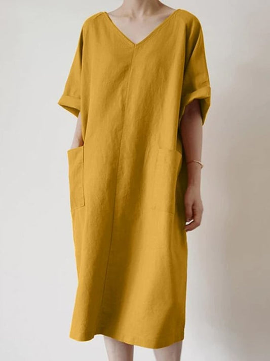 Women's Casual Retro V-Neck Large Pocket Cotton and Linen Dress